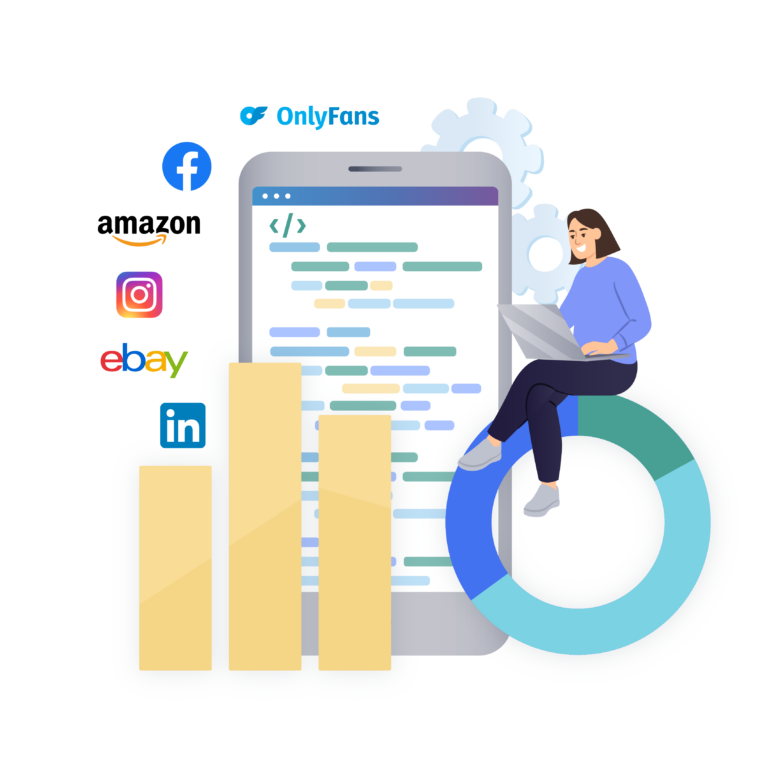 Woman analyzing social media data on a mobile interface with fingerprint automation and cross-platform account growth tools.
