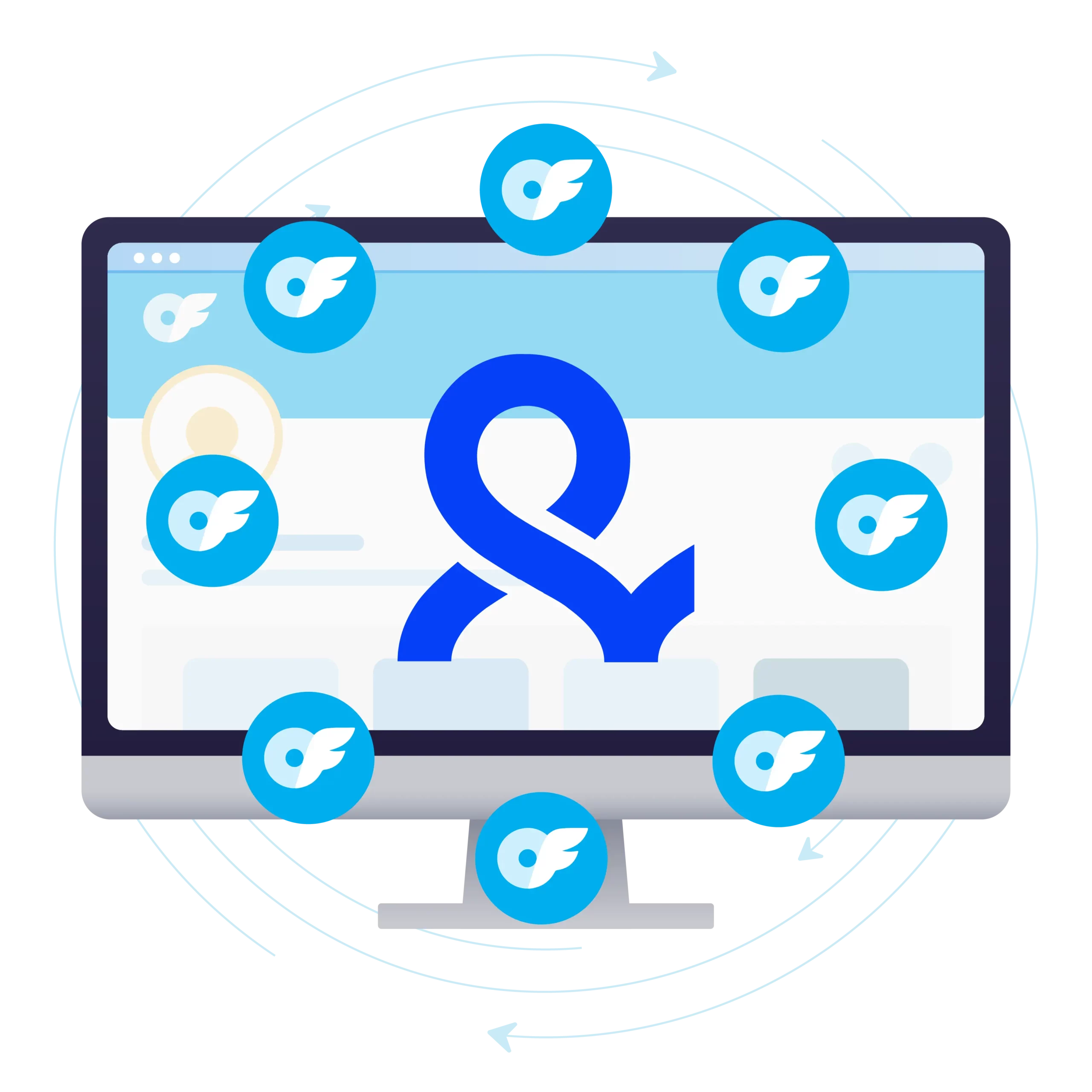 Illustration of managing multiple OnlyFans accounts on a computer screen, surrounded by interconnected account icons symbolizing seamless account control.