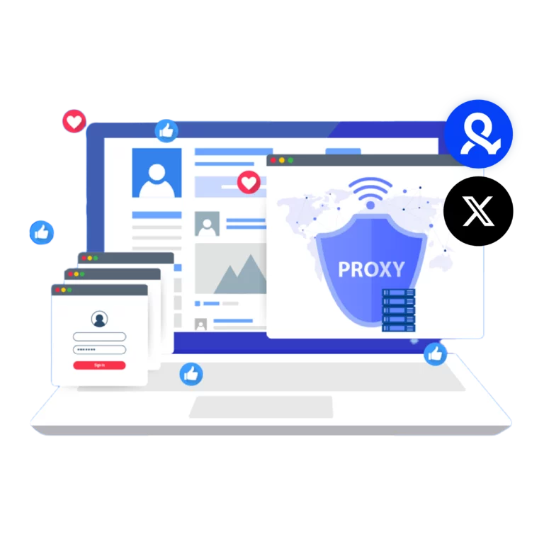 A laptop screen showing a proxy shield and multiple account windows, highlighting Multilogin and Twitter proxy management tools.