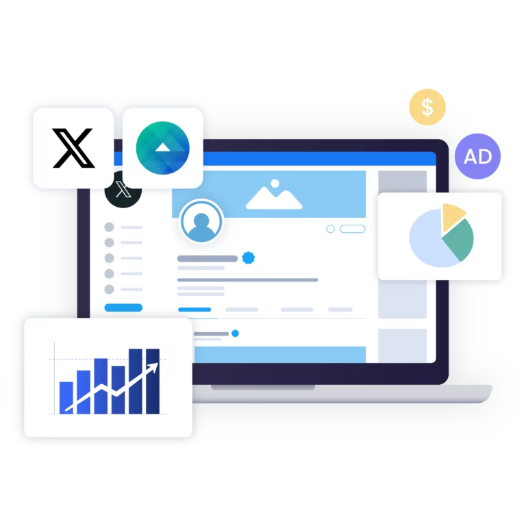 A laptop displaying analytics and ads dashboards with Twitter proxy, ad management, and growth charts integrated into the interface.