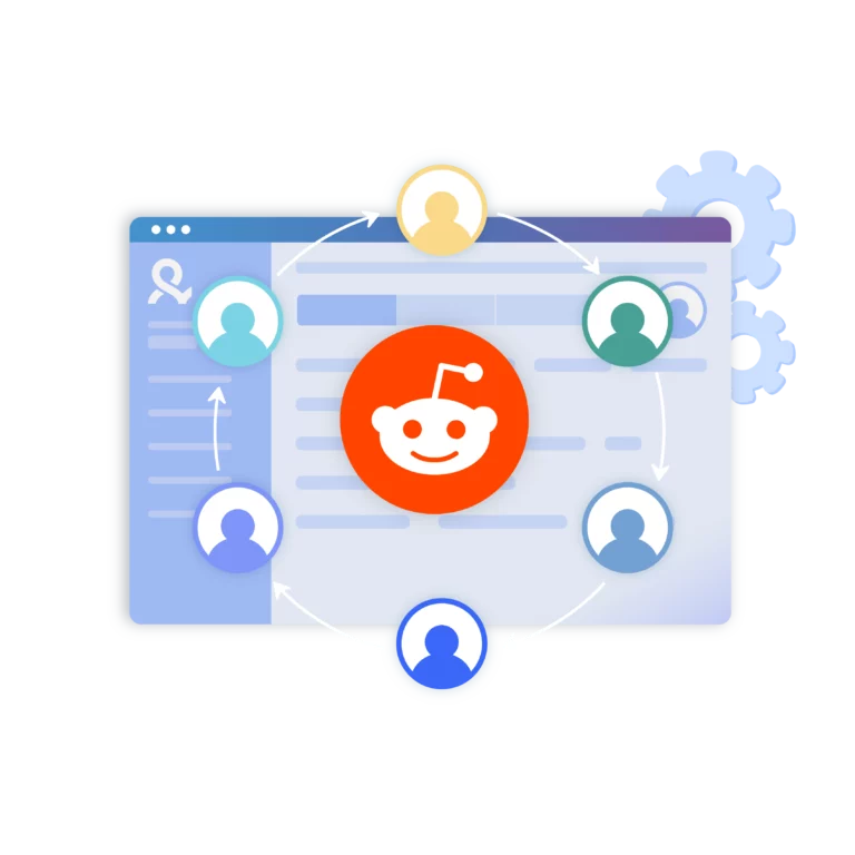 Ilustração do trabalho em equipe gerenciando contas do Reddit com segurança usando o Multilogin, permitindo colaboração e isolamento de contas.