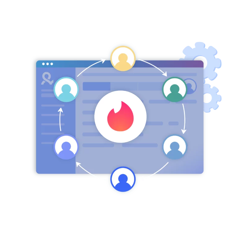 Illustration of team collaboration to manage Tinder accounts securely with Multilogin for seamless account management.