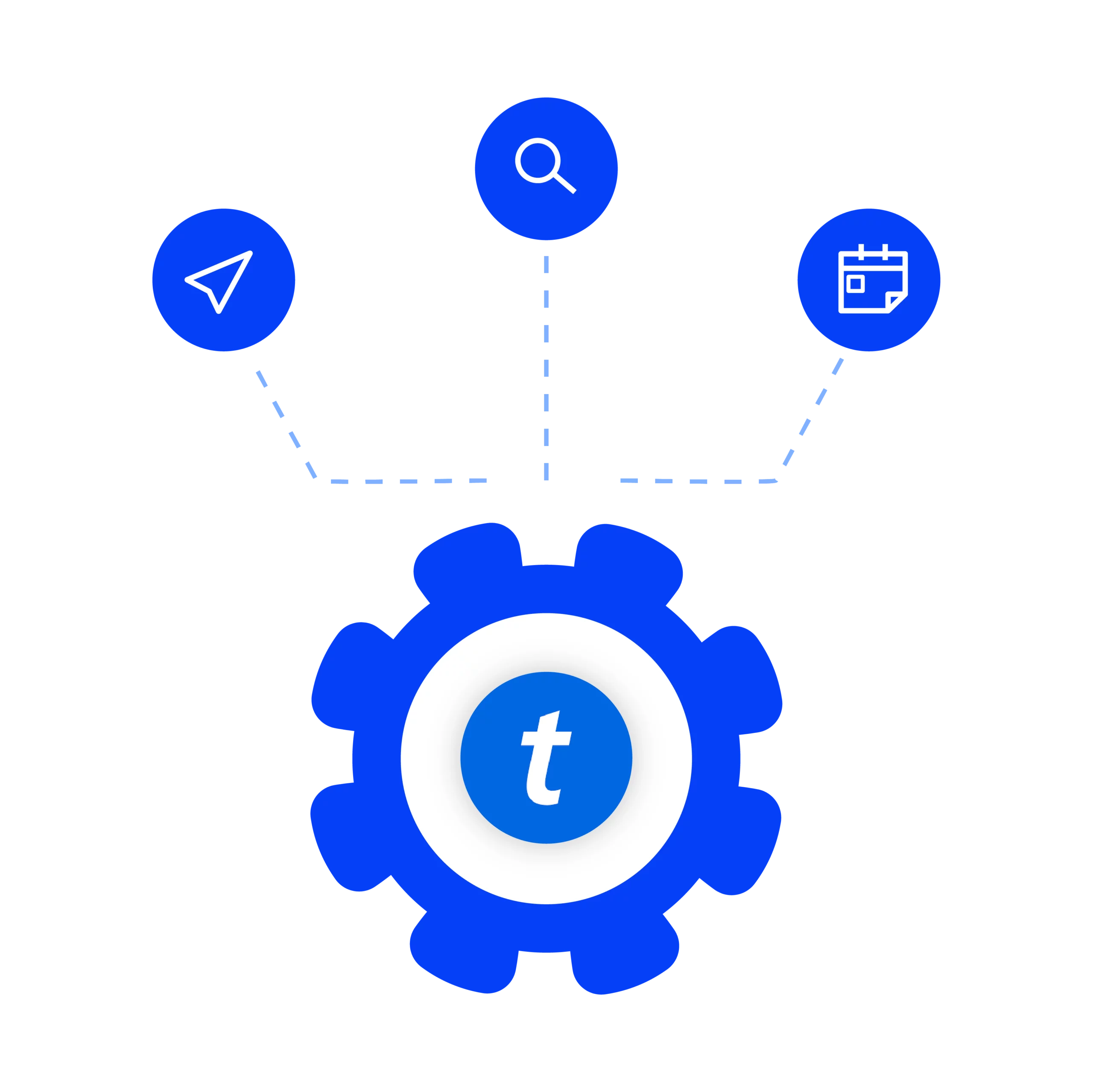 Ícone de engrenagem com o logotipo da Ticketmaster e ícones conectados, simbolizando a automação e o agendamento para o gerenciamento da pré-venda da Ticketmaster.