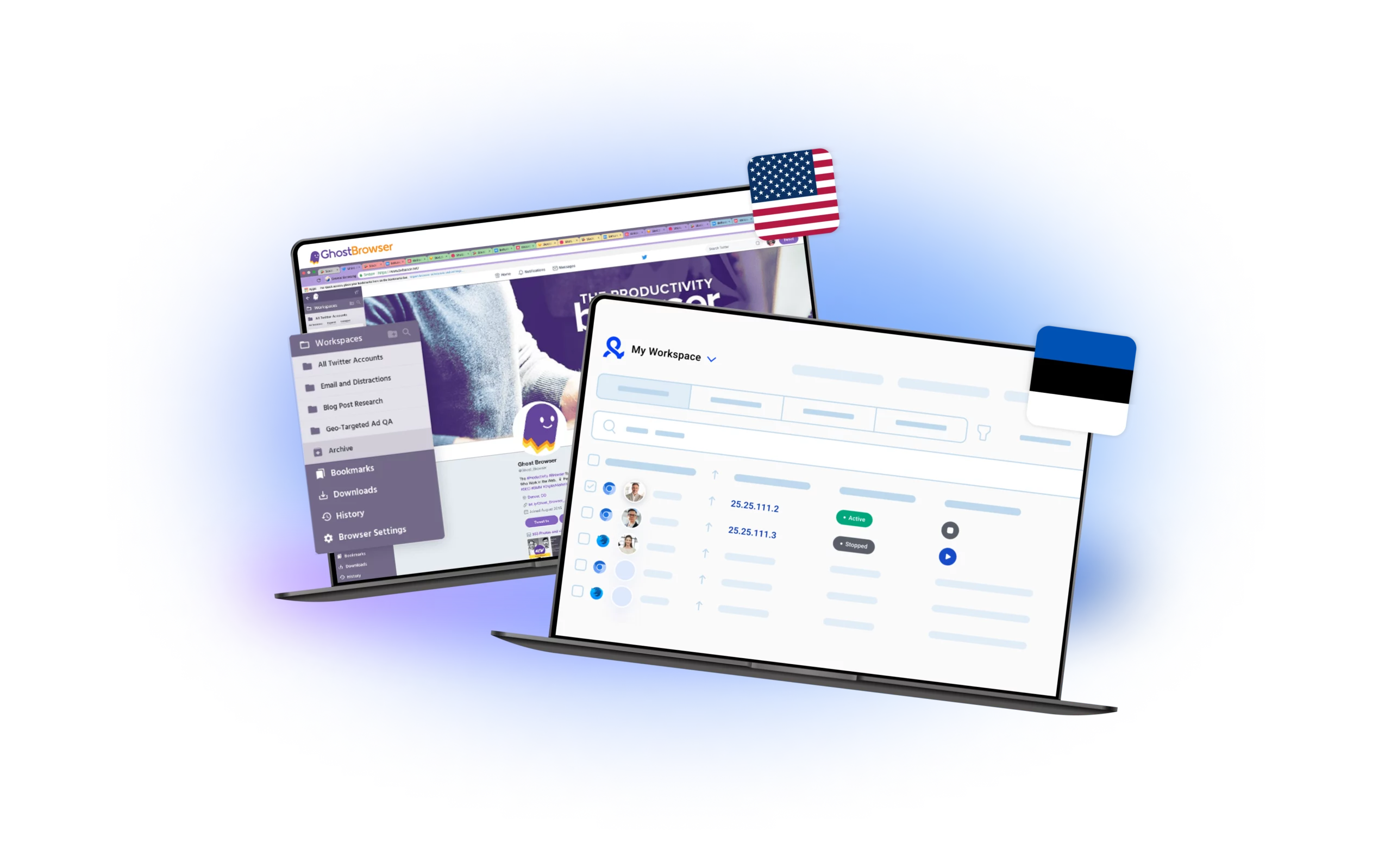 Side-by-side displays of MultiLogin and Ghostbrowser, highlighting their user interfaces and key features for a detailed comparison.