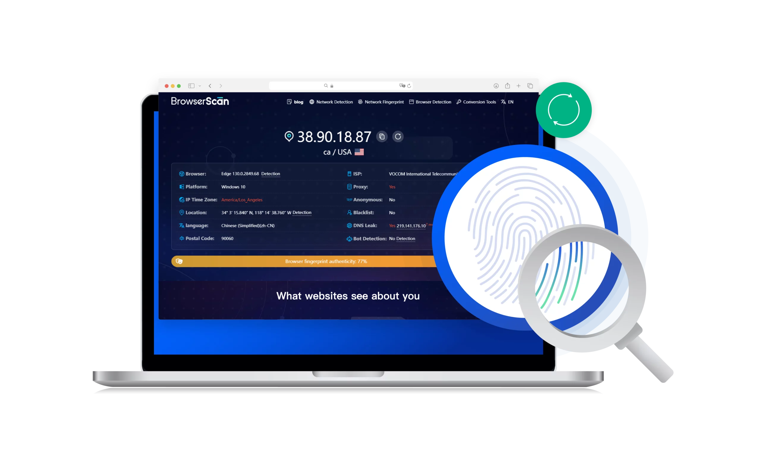 Browserscan interface with digital fingerprint icon