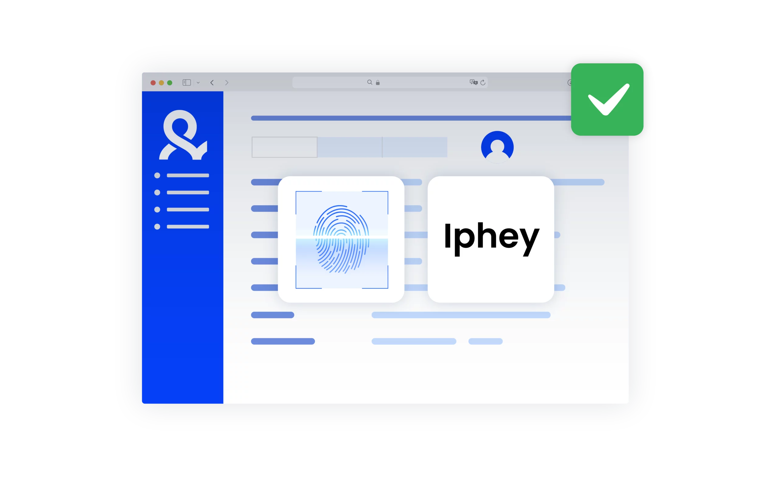 Iphey login screen with fingerprint authentication and verification checkmark