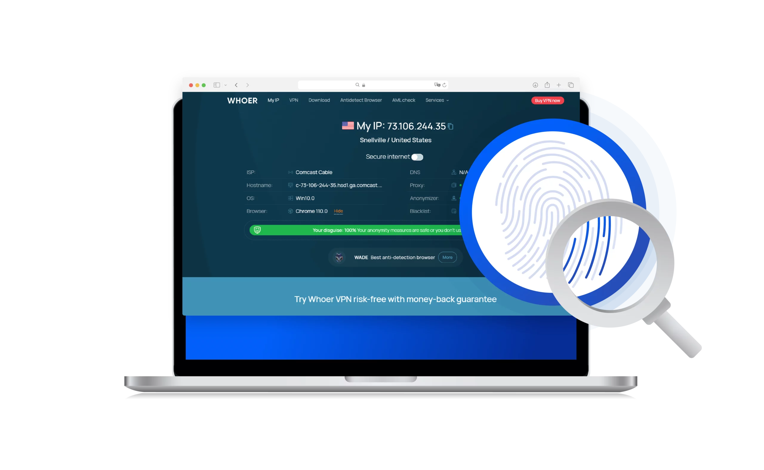whoer net interface with digital fingerprint icon