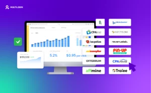 top 15 affiliate network's logos with computer screen displaying analytics