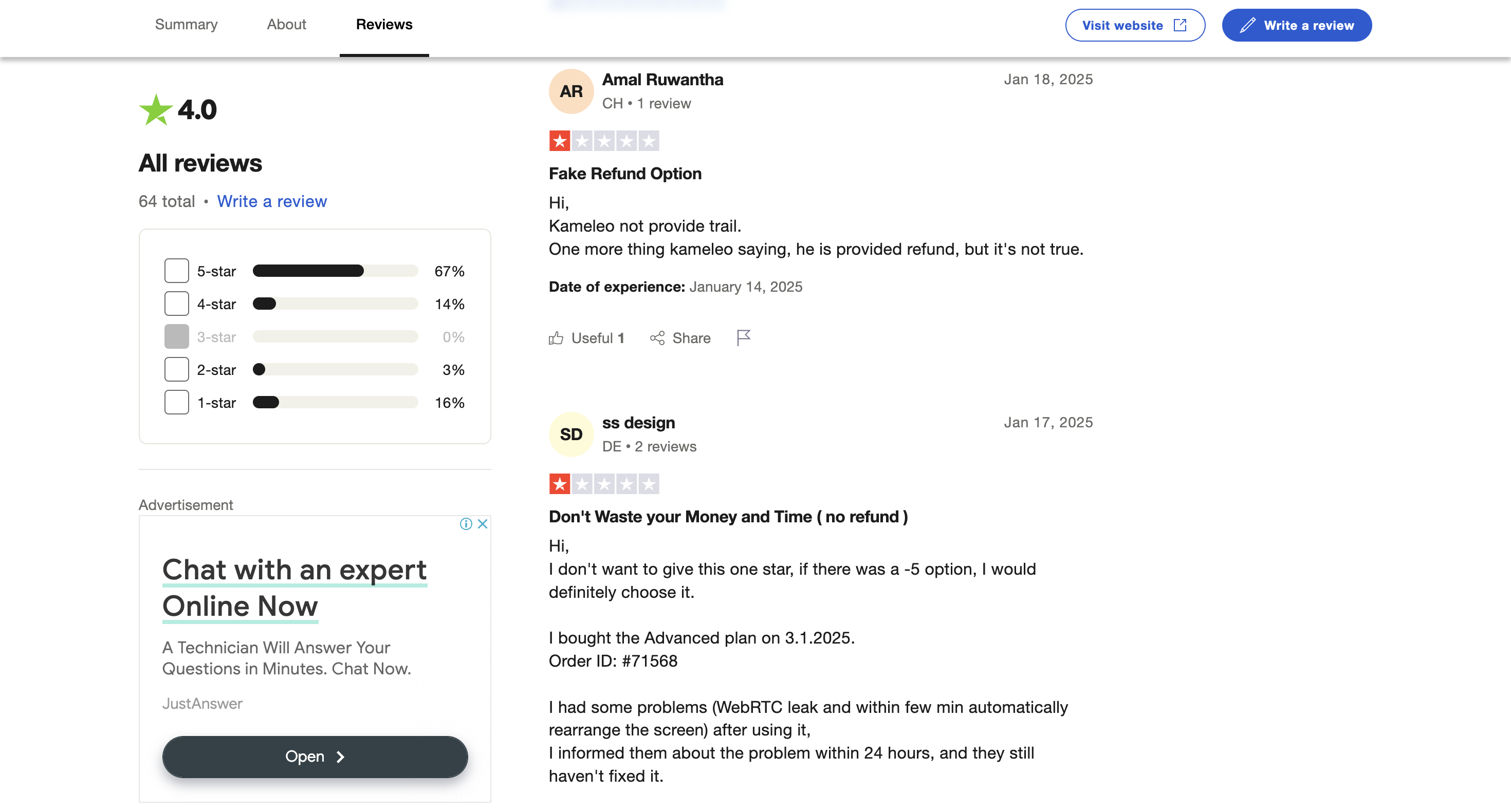 Display showing Kameleos customer support options, including contact methods and response time details.