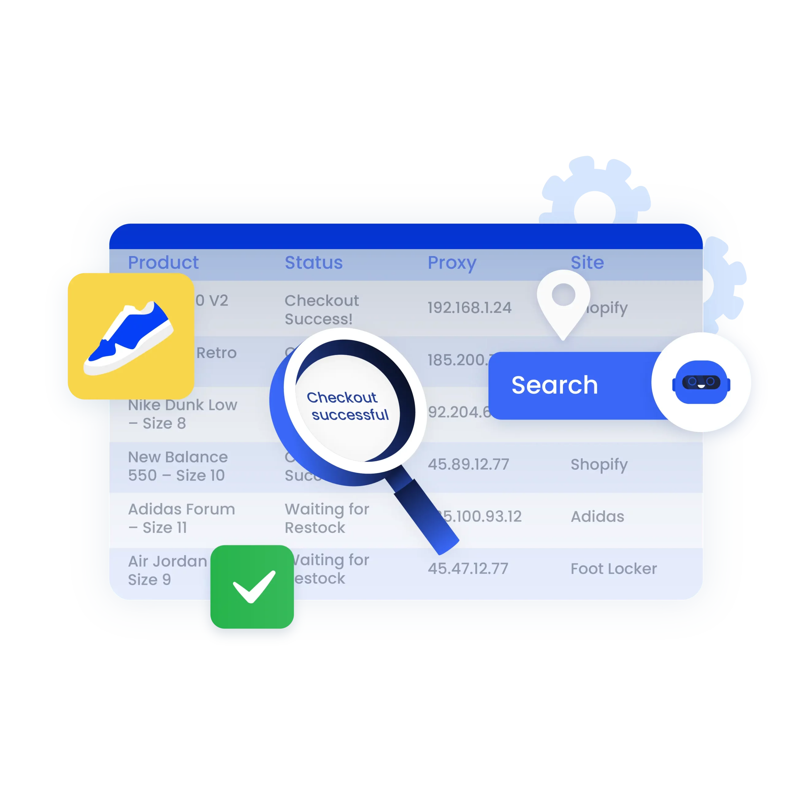 Digital dashboard showing sneaker bot activity with sneaker proxies, search bar, and geo-targeted proxy integration for smooth sneaker copping.