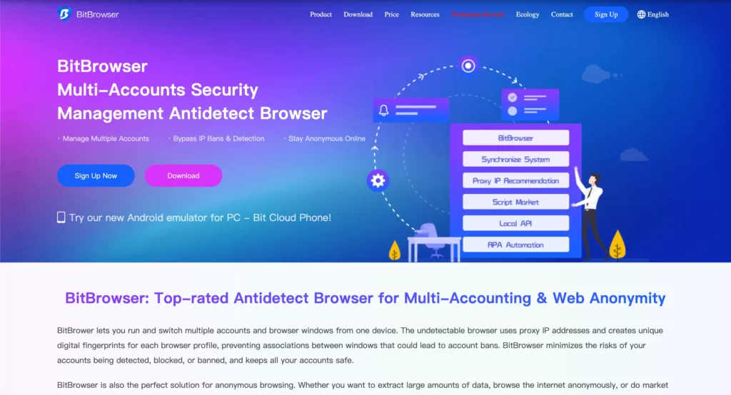 BitBrowser interface designed for simple multi-account access with flexible pricing options