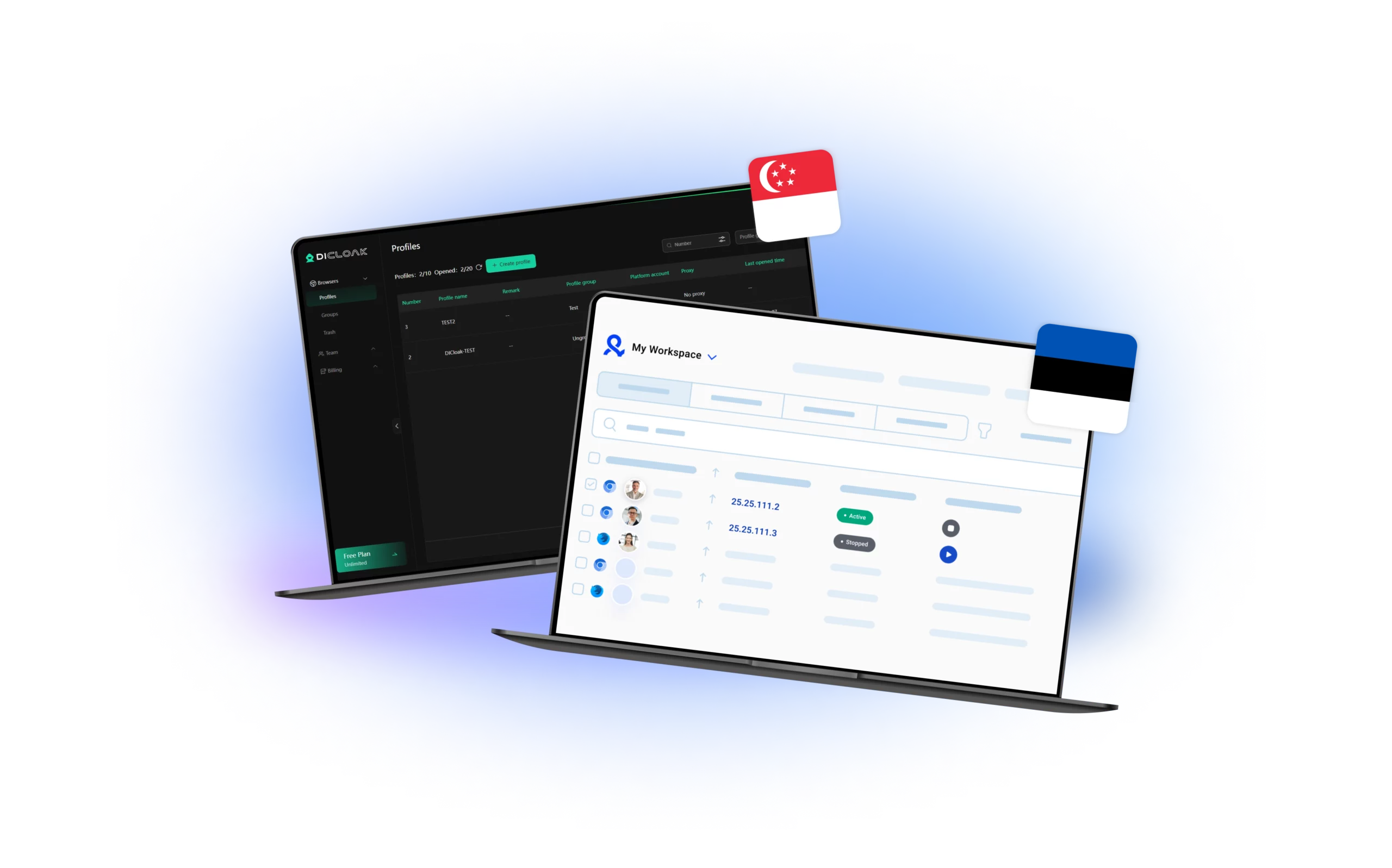 DICloak and Multilogin dashboards, featuring the Hungarian and Estonian flags, highlighting their profile management systems and workspace functionalities designed for efficient multi-account handling.