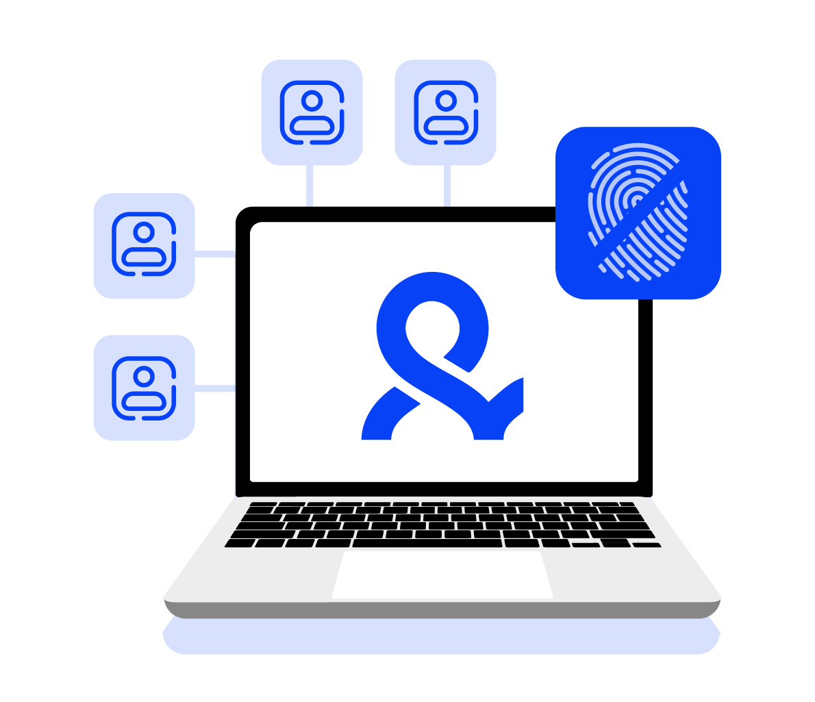 Laptop screen displaying a fingerprint icon and the Multilogin logo, representing secure identity management with an anti-fingerprint browser.