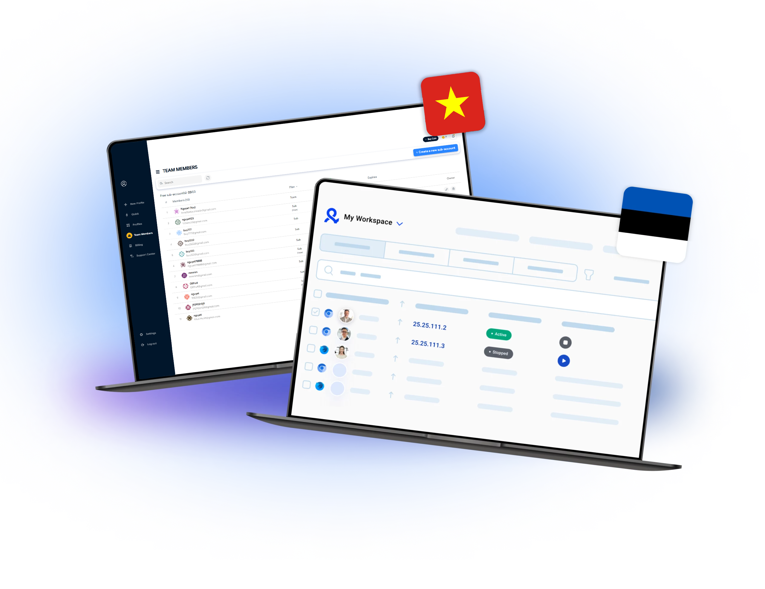An illustration of Hidemyacc Browser's interface and Multilogin's interface with flags