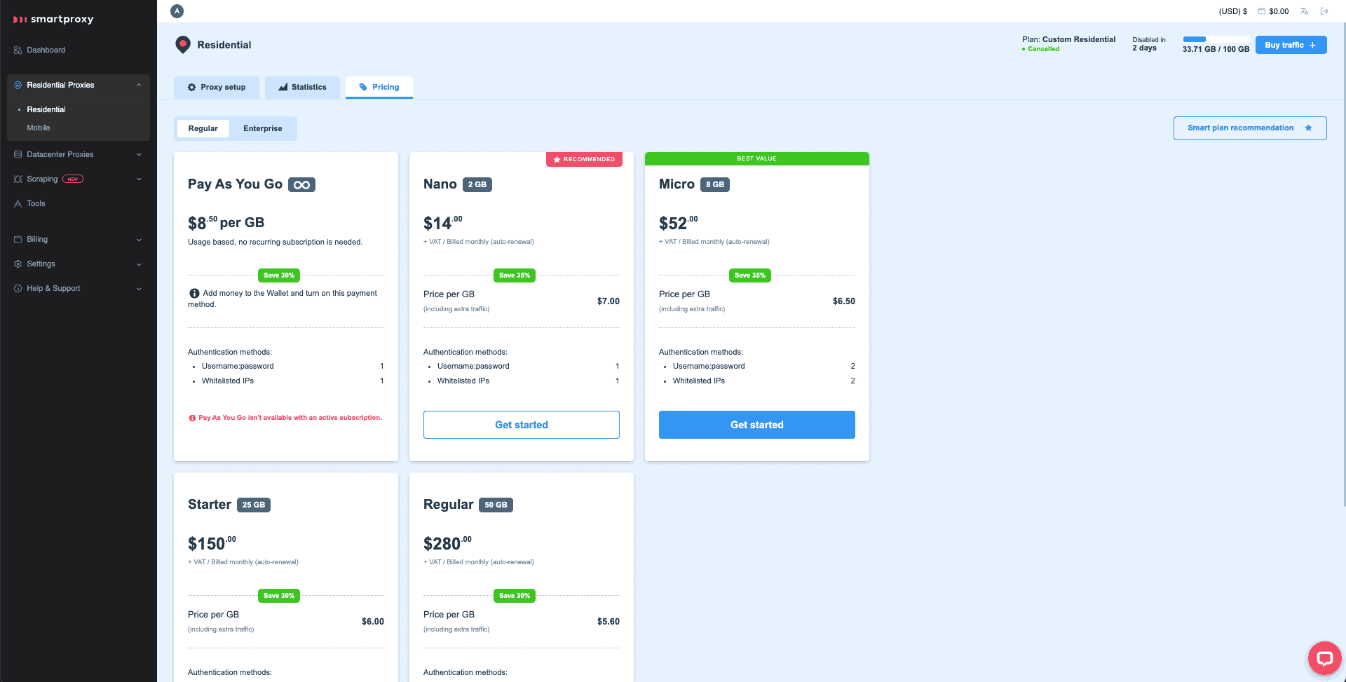 screenshot of Smartproxy pricing dashboard