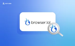 Browser.lol logo under magnifying glass, used in virtual browser review by Multilogin.