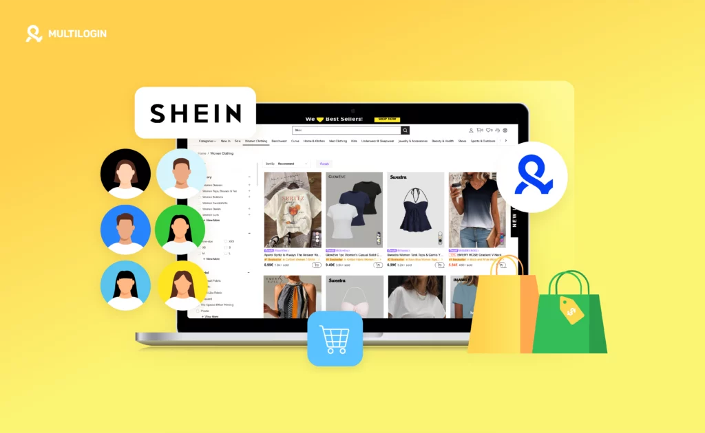 Интерфейс Shein на ноутбуке с несколькими аккаунтами и инструментами Multilogin для онлайн-покупок