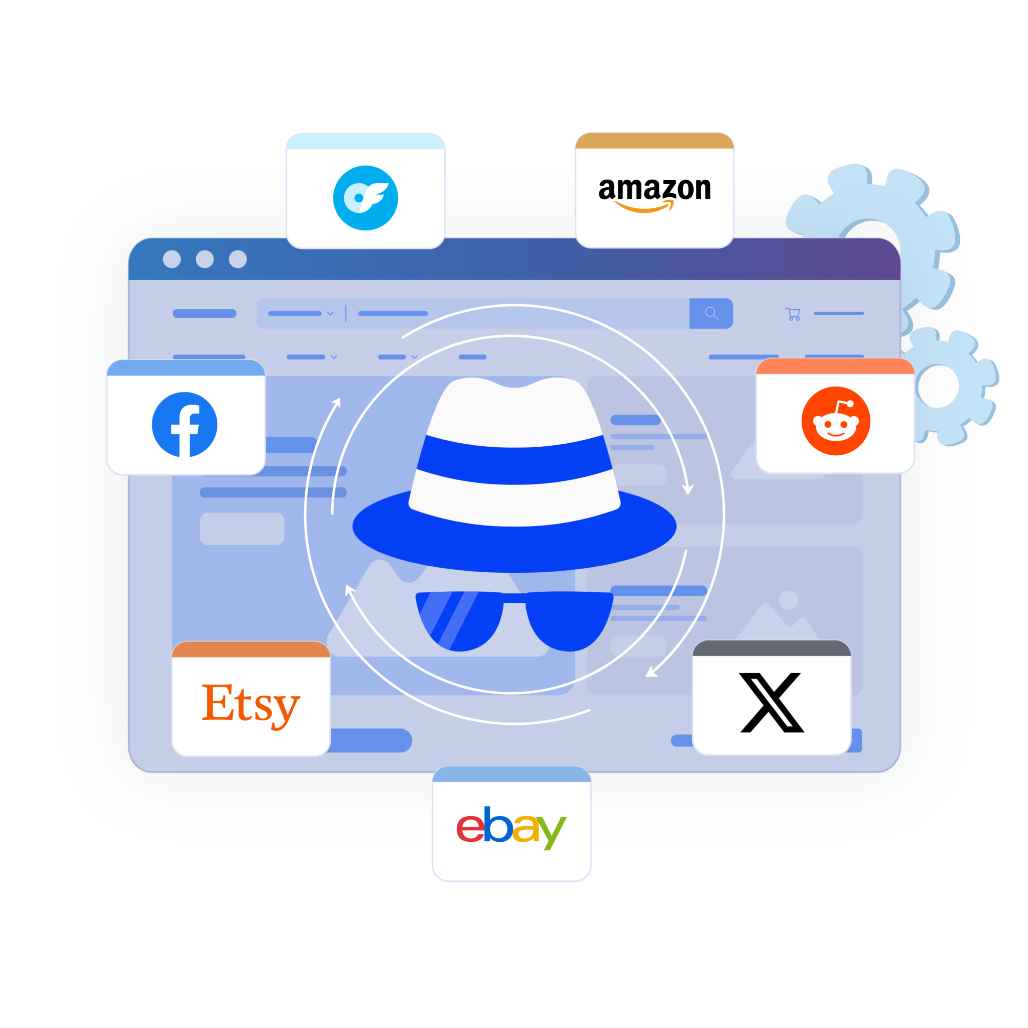 Imagem ilustrando uma interface de navegador profissional, ignorando restrições de sites e evitando banimentos.