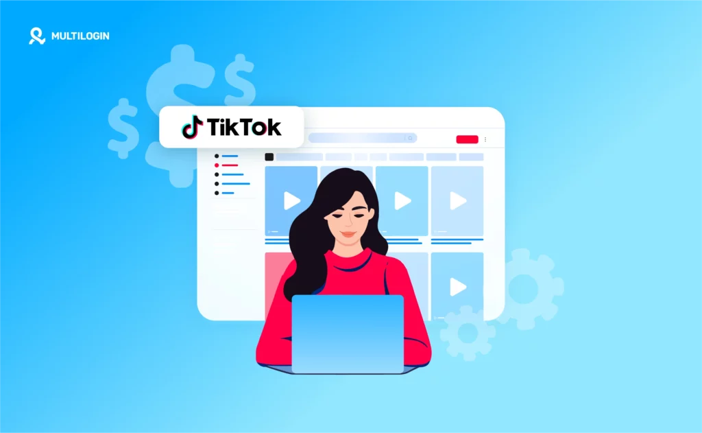 Женщина за ноутбуком работает с TikTok на фоне интерфейса платформы.