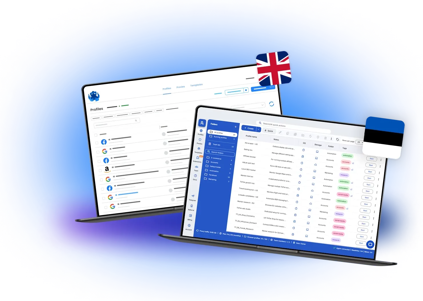 Multilogin vs Octo Browser dashboard comparison for cloud phones and browser profiles with United Kingdom and Estonia flags.