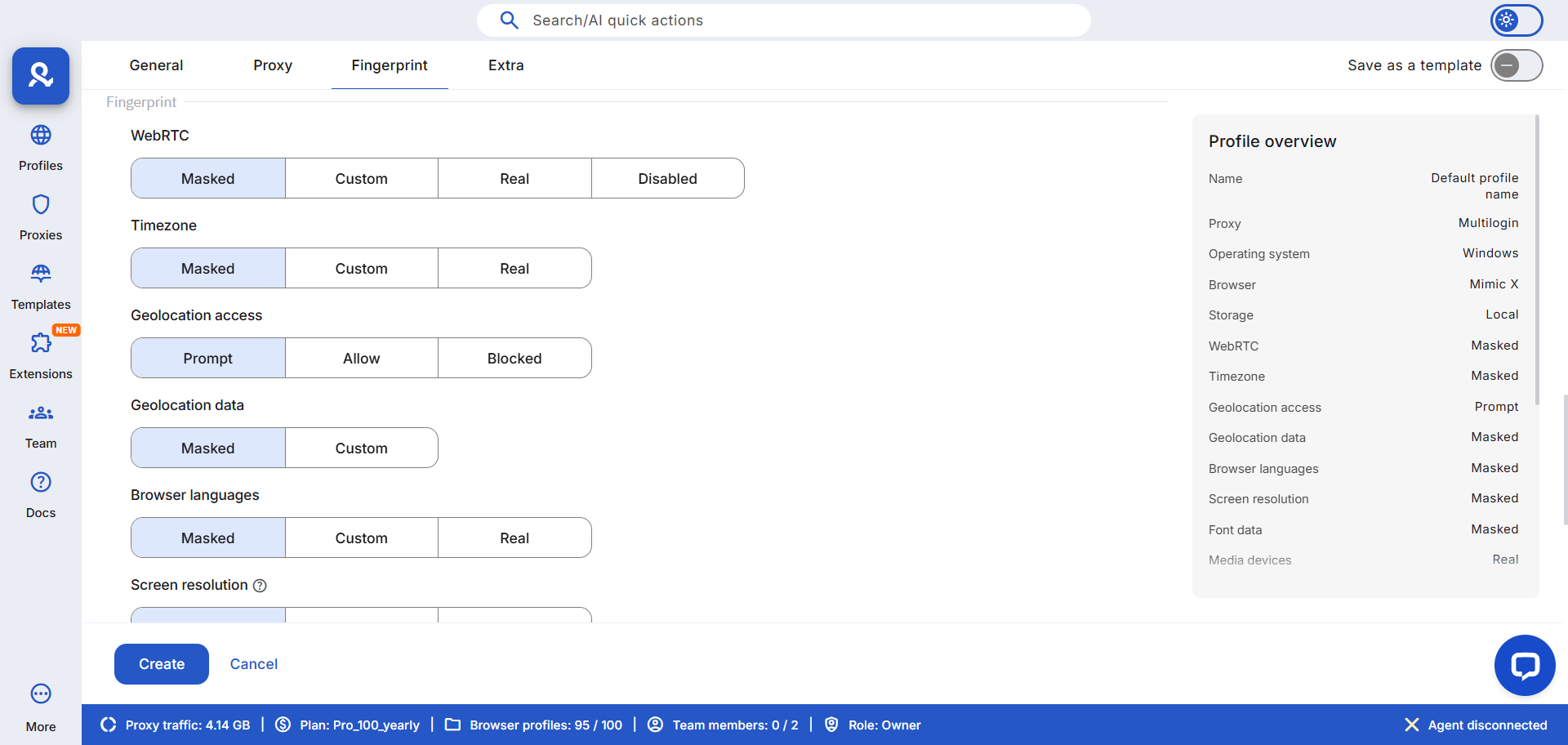 Unique browser fingerprinting for each account