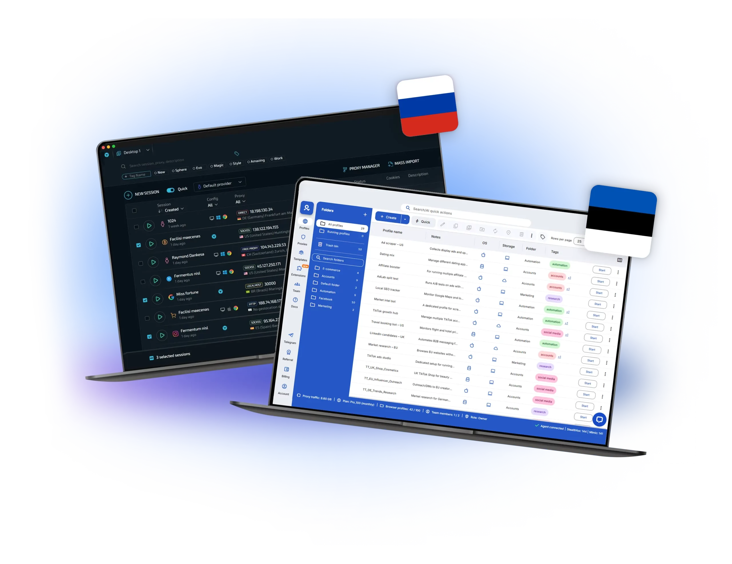 Multilogin vs Linken Sphere interface comparison showing two desktop dashboards for browser profile and automation management.