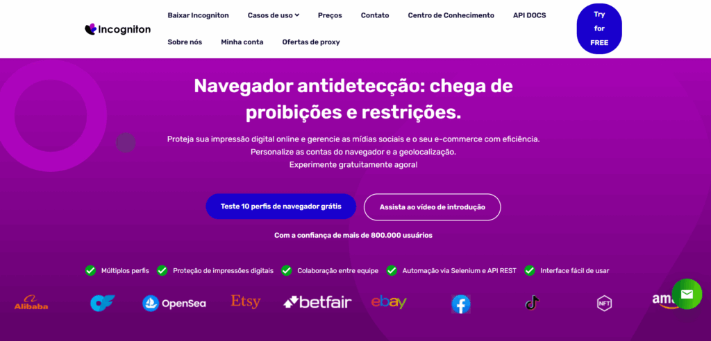Incogniton: Interface da página inicial do site 
