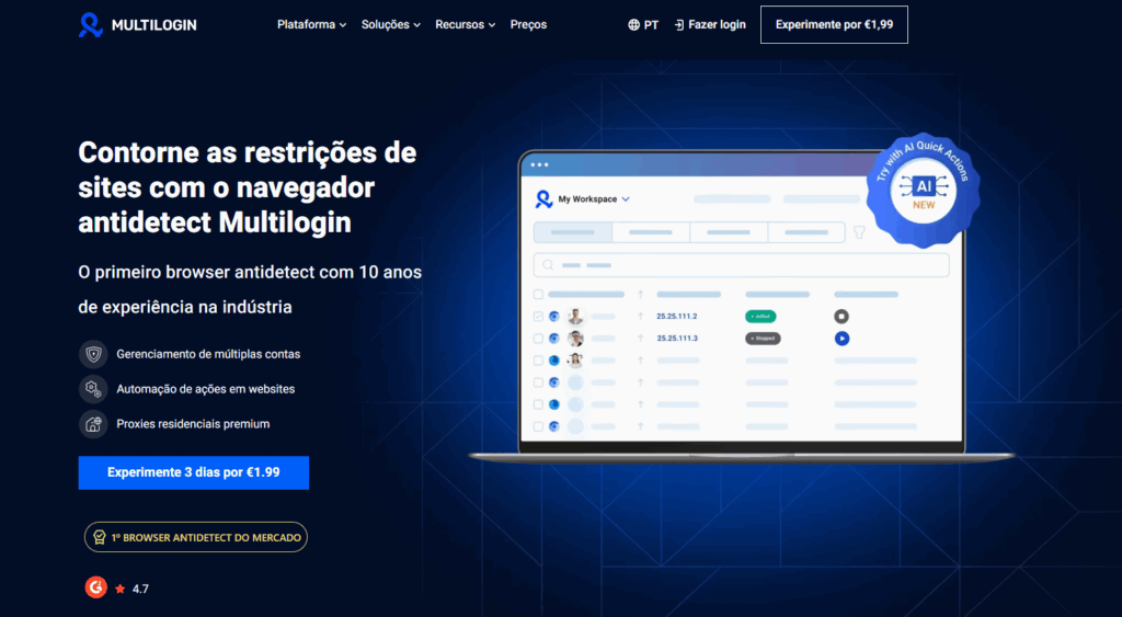 Multilogin: Interface da página inicial do site
