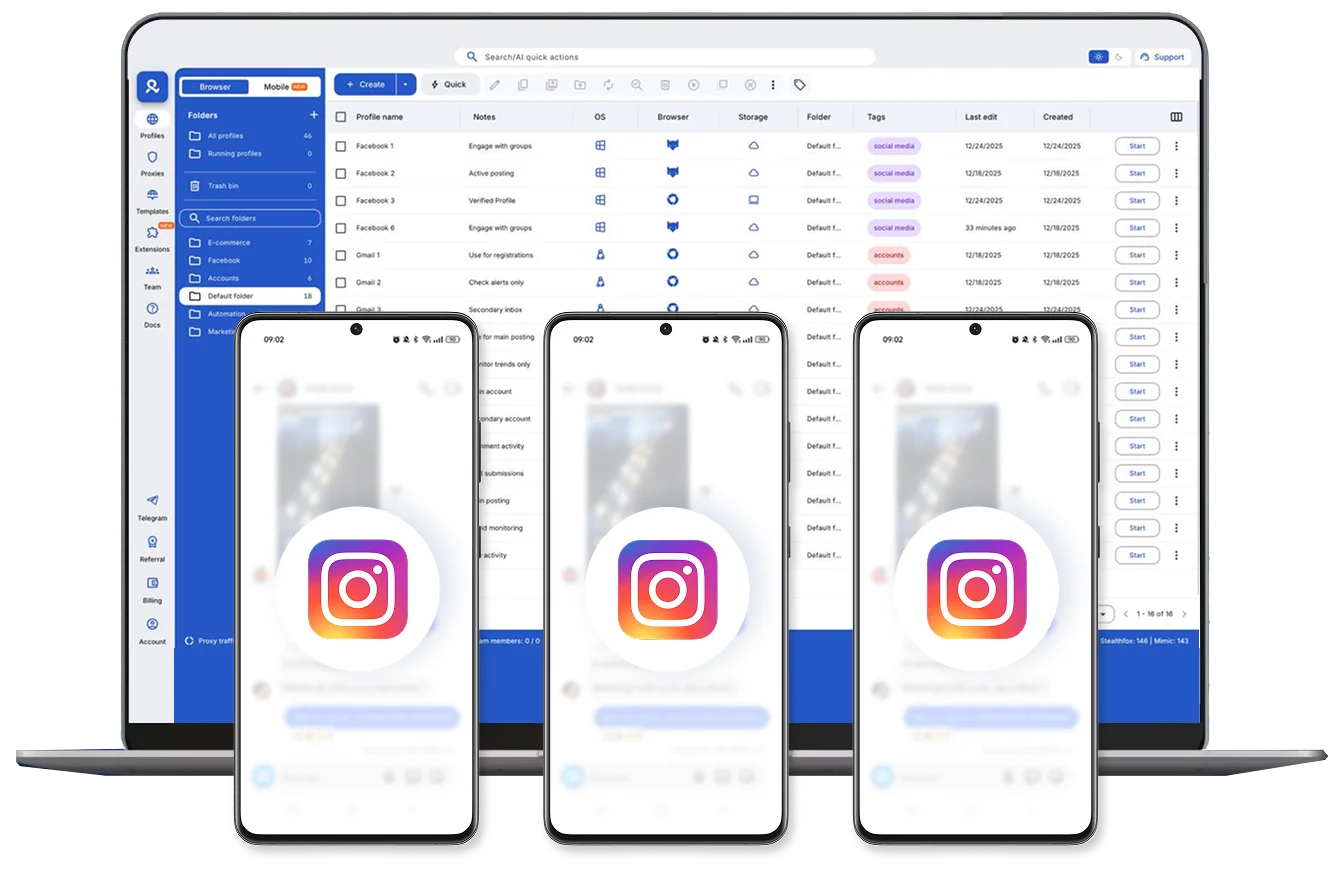 Управление несколькими аккаунтами Instagram через облачные Android-телефоны в Multilogin