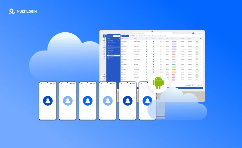 Cloud Android phones managed on a PC through the Multilogin interface