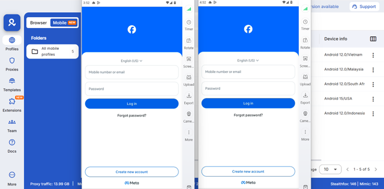 Two Facebook accounts opened on different Cloud Phones in Multilogin
