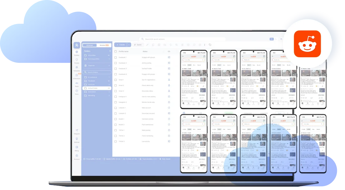 Multilogin Cloud Phones dashboard showing multiple virtual Android devices running Reddit on a laptop screen.