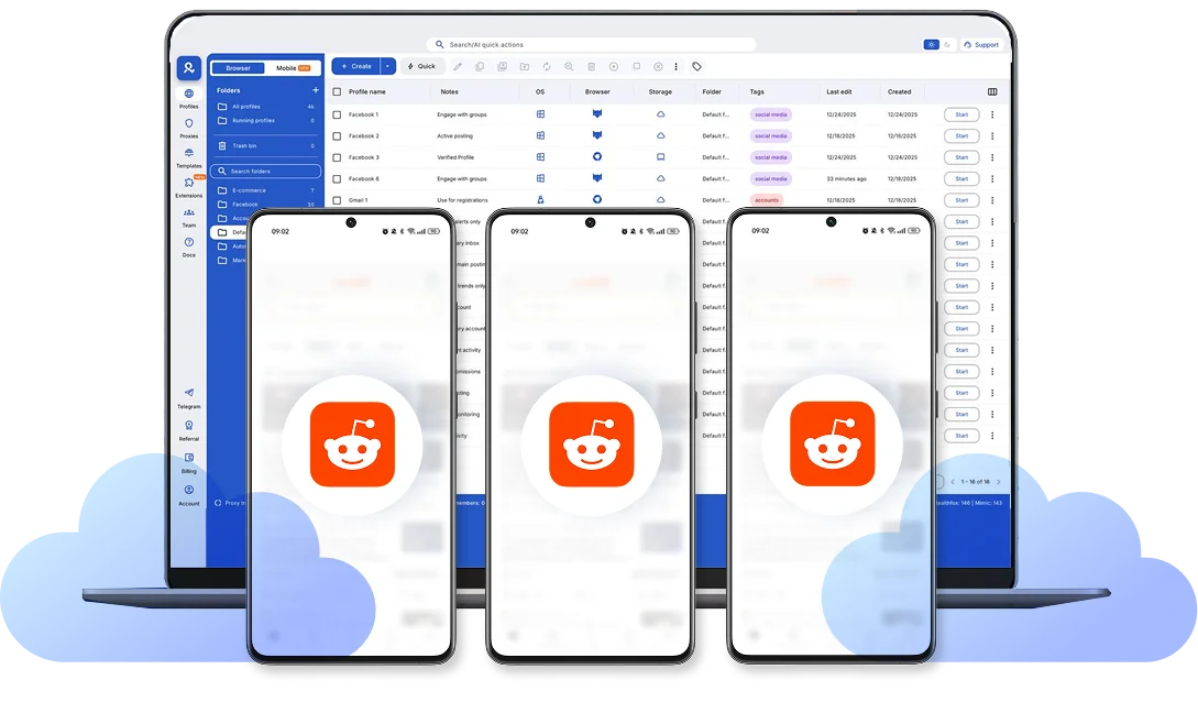 Multilogin Cloud Phones workspace controlling multiple Reddit mobile accounts on separate virtual Android devices from one dashboard.
