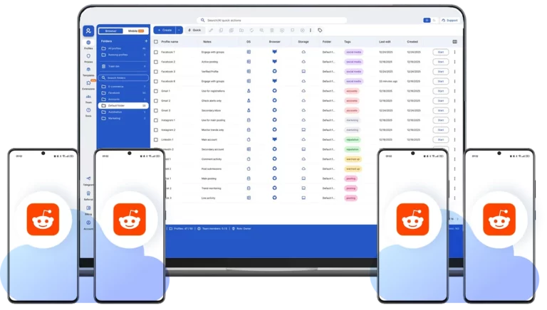 Multilogin Cloud Phones dashboard running multiple Reddit mobile apps on virtual Android devices.