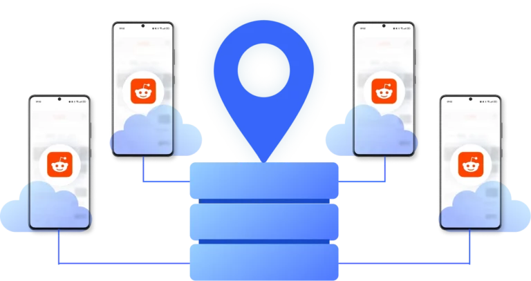 Multiple Multilogin Cloud Phones running Reddit connected through one secure server location