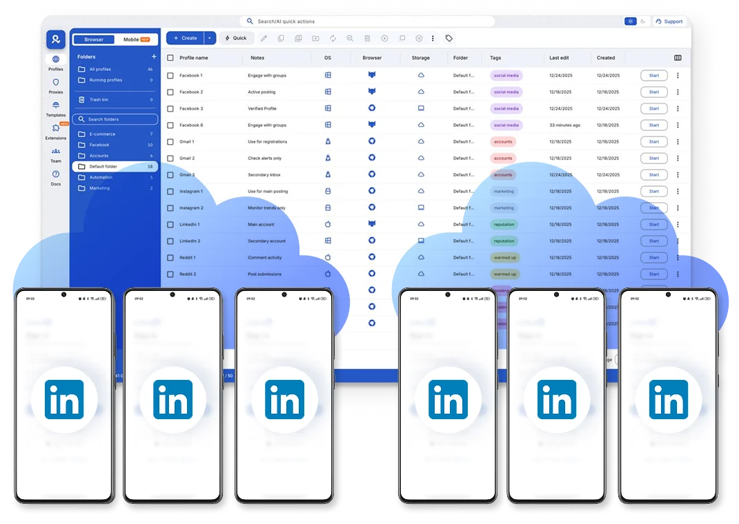 Run multiple LinkedIn profiles with Android cloud phones