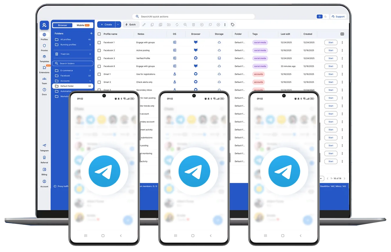 Telegram accounts managed from one dashboard - cloud phones and browser profiles