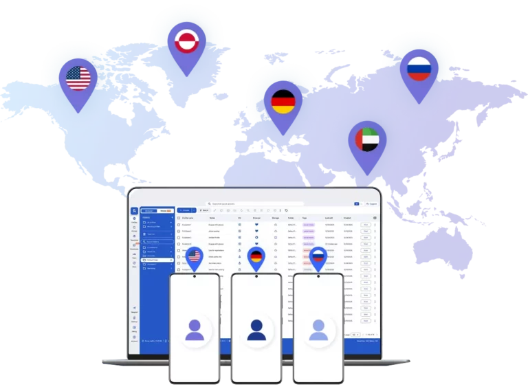 Antidetect phones with integrated residential proxies across 190+ countries shown on global map interface