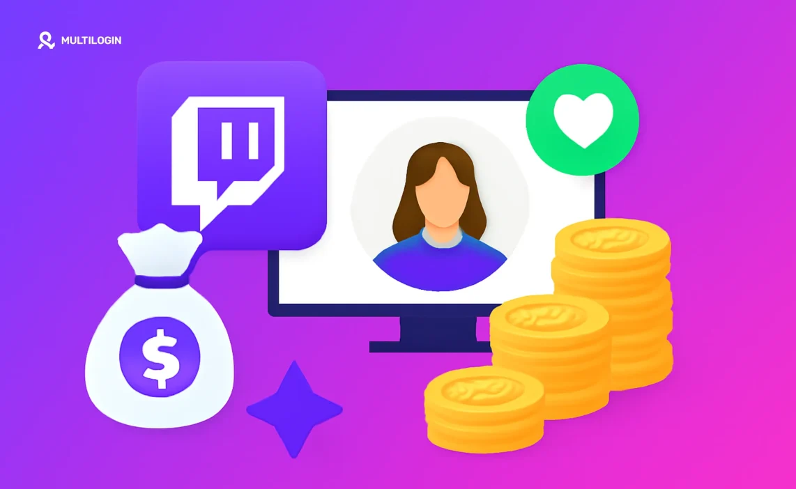 Как заработать на Твитч: стример, значок Twitch, деньги и монеты, символизирующие монетизацию стримов