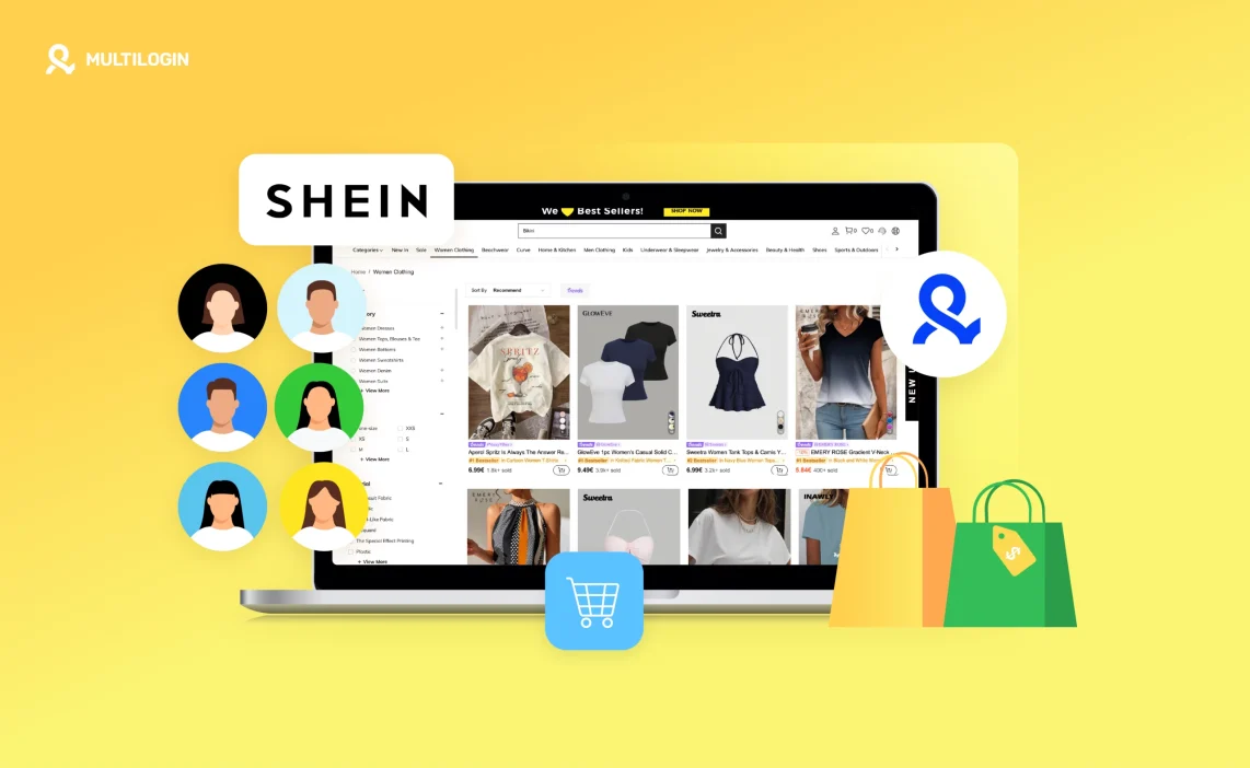 Интерфейс Shein на ноутбуке с несколькими аккаунтами и инструментами Multilogin для онлайн-покупок