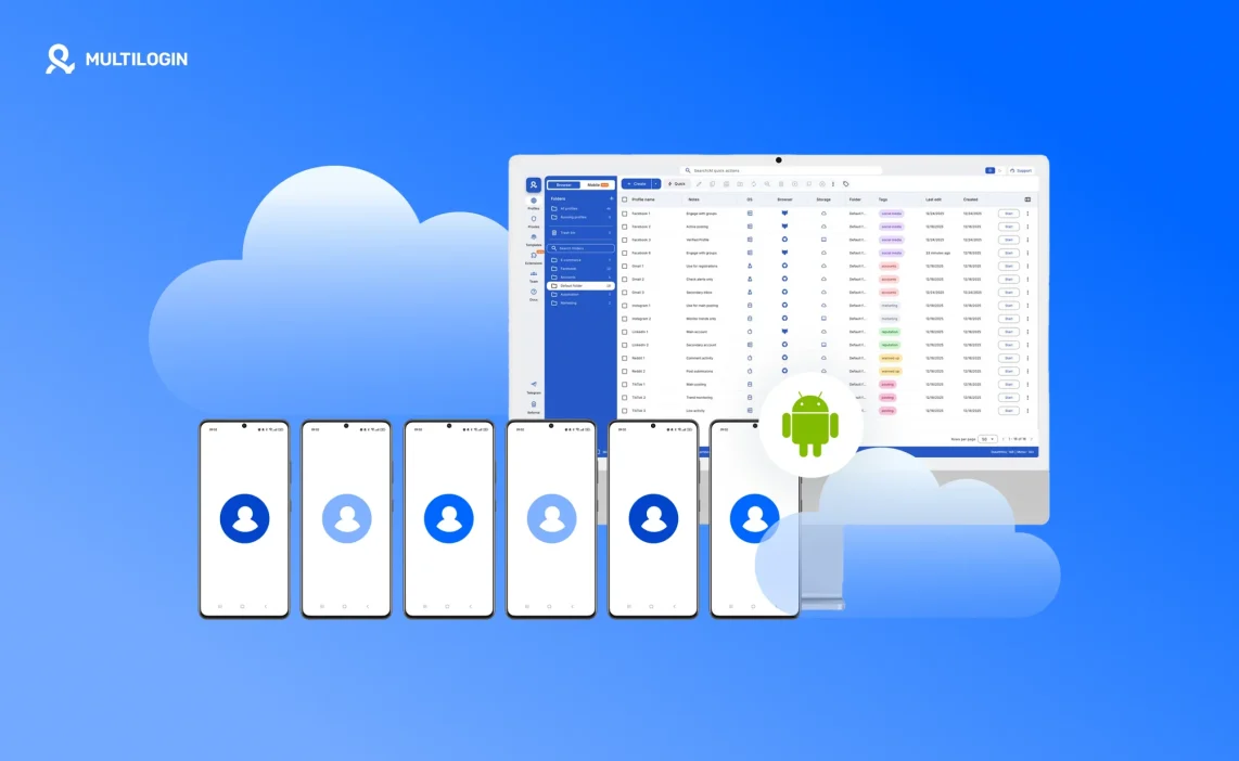 Cloud Android phones managed on a PC through the Multilogin interface
