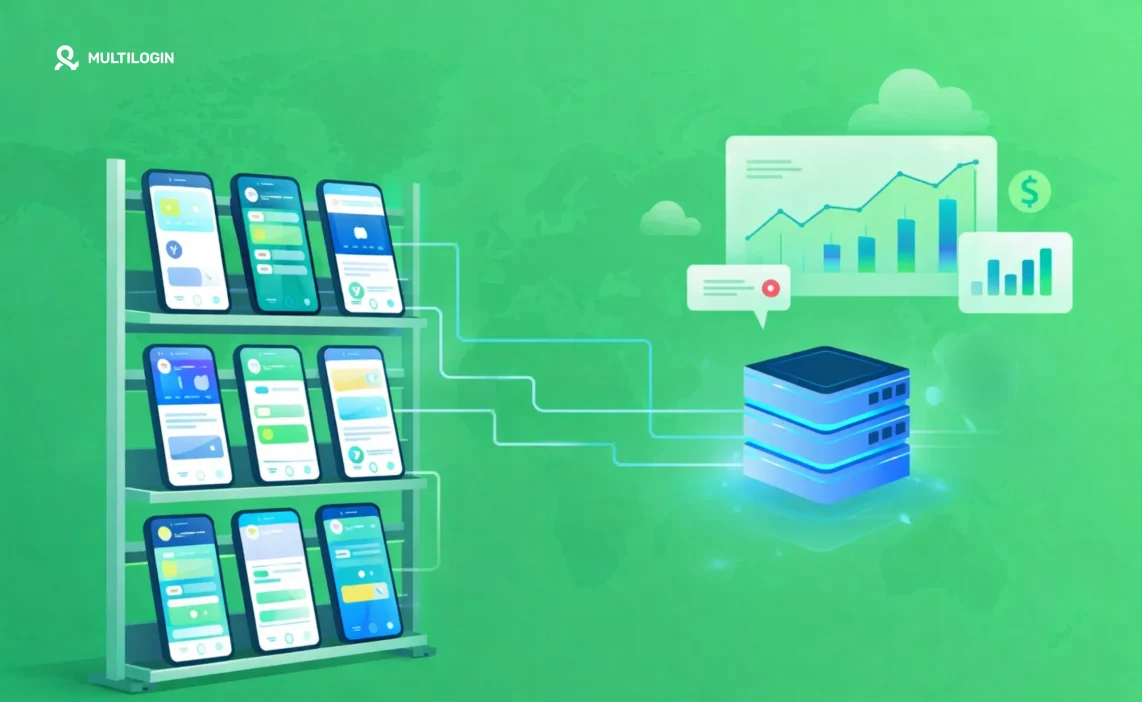 Ферма телефонов Android, подключённая к облачному серверу Multilogin для управления множеством аккаунтов и масштабирования без блокировок